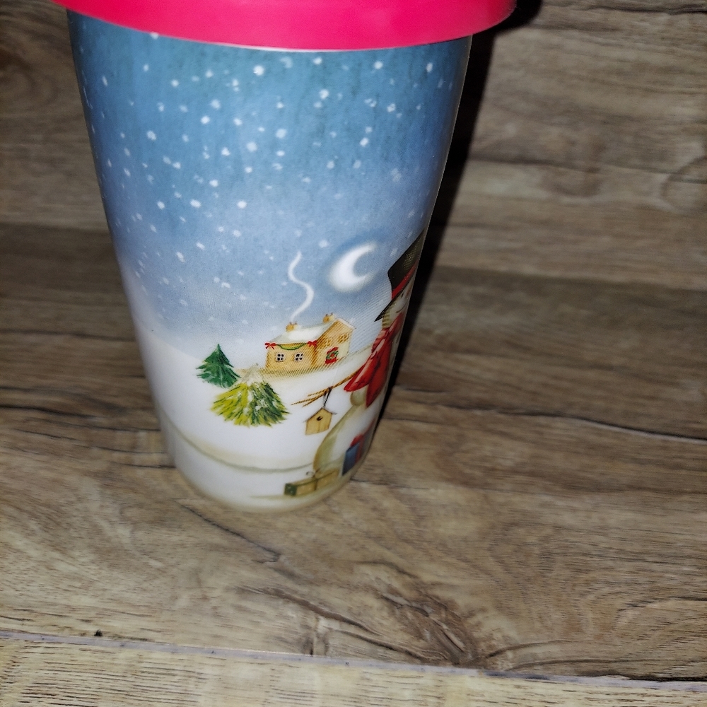 Pier 1 Snowman Travel Coffee Mug With Silicone Lid Porcelain Christmas